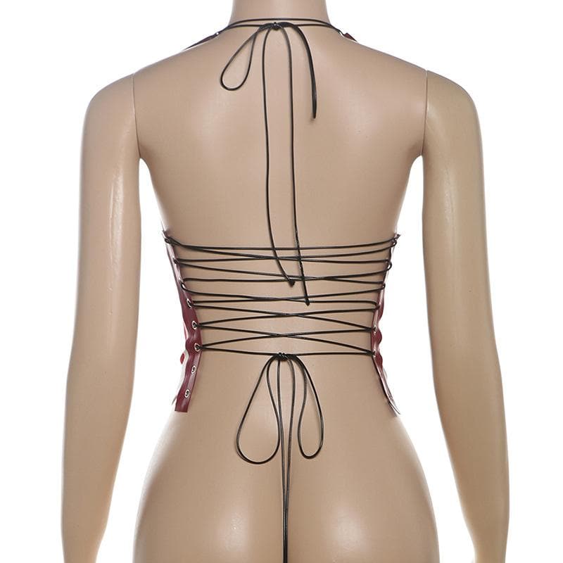 Halter cowl neck "06" print lace up top