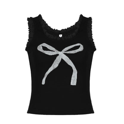 U neck lace hem bowknot pattern contrast tank top