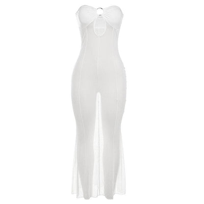 Mesh see through o ring hollow out backless tube cut out maxi dress