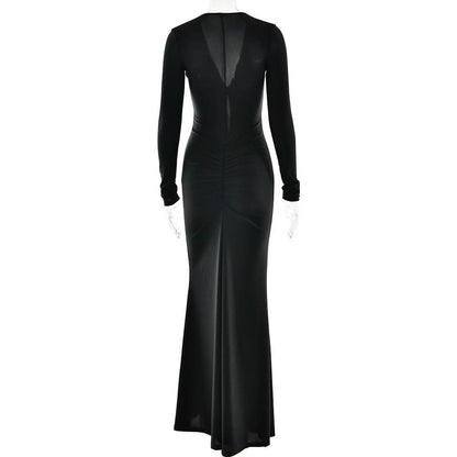 Long sleeve v neck ruched hollow out cut out maxi dress