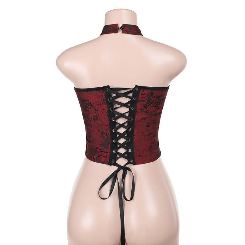 Halter o ring lace up backless top