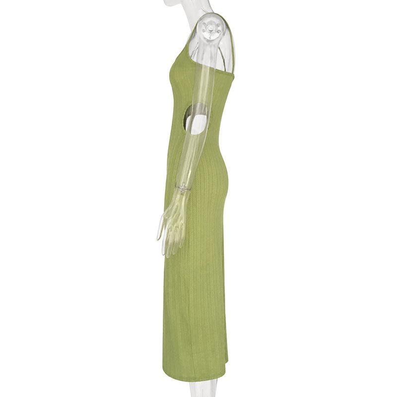 Scoop Neck Spaghetti Strap Textured Rib Knit Waist Cutout Bodycon Midi Dress