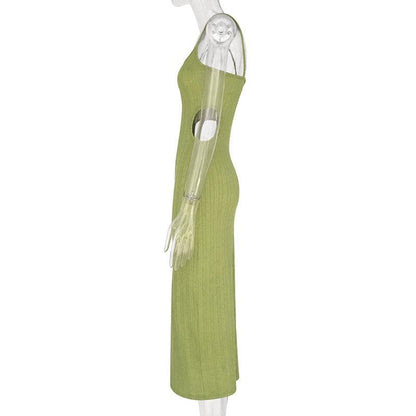 Scoop Neck Spaghetti Strap Textured Rib Knit Waist Cutout Bodycon Midi Dress