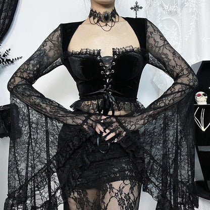 Long flared sleeve velvet lace patchwork ruffle lace up crop top