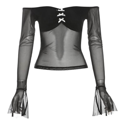 Bowknot long flared sleeve off shoulder mesh ruched top