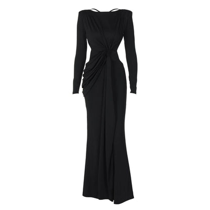 Long sleeve padded backless ruched maxi dress-final-sale