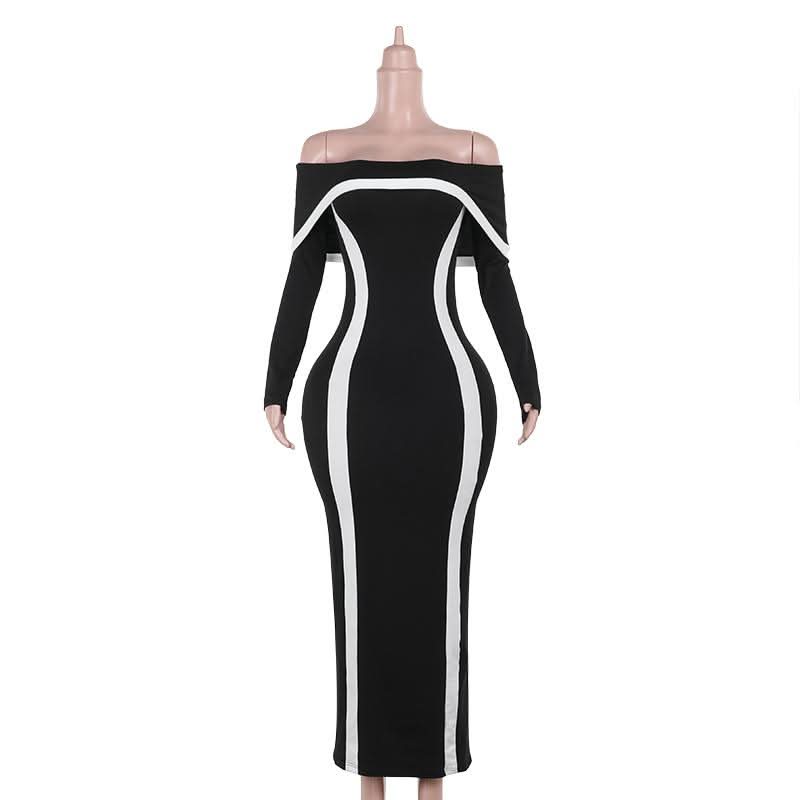 Long sleeve off shoulder contrast backless maxi dress