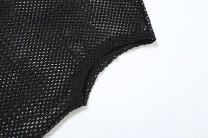 Hoodie sleeveless fishnet slit top