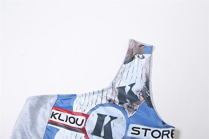 One shoulder irregular sleeveless contrast print slit maxi skirt set-final-sale