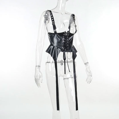 Pu leather lace up ruffle buckle cami top