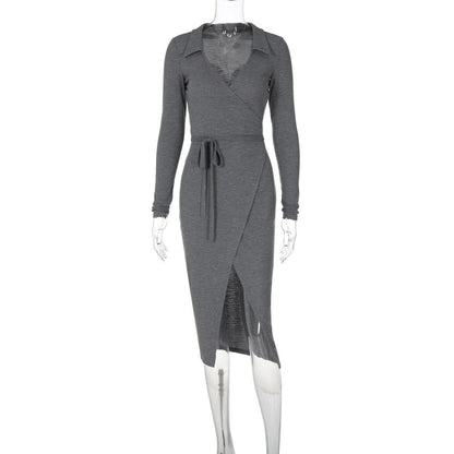 Turnover collar long sleeve slit self tie midi dress
