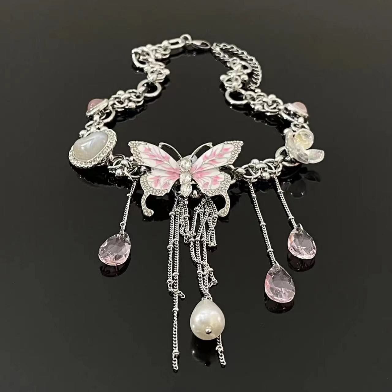 Butterfly flower pendant metal chain choker necklace