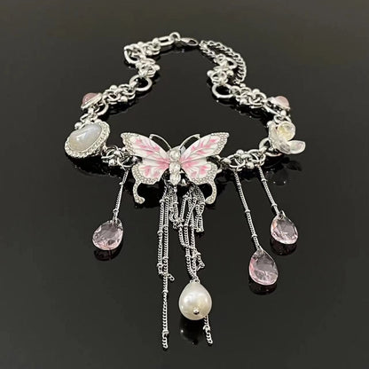 Butterfly flower pendant metal chain choker necklace