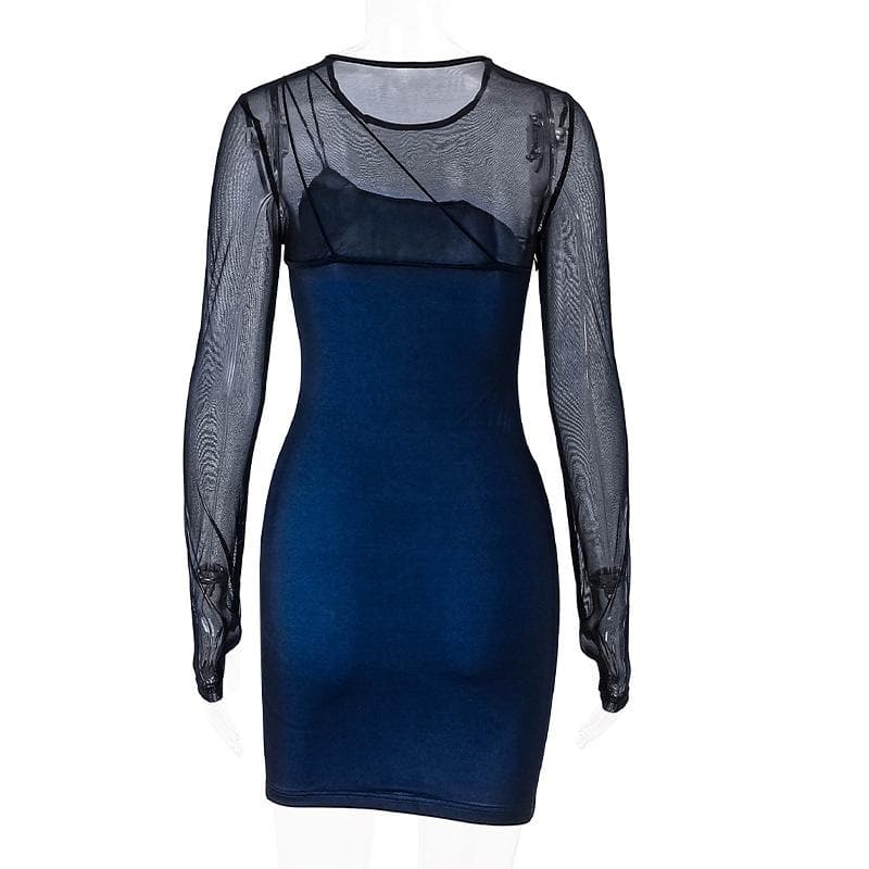 Mock Neck Mesh Long Sleeve Thumbhole Contrast Panel Bodycon Mini Dress