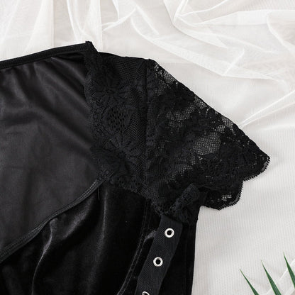 Short sleeve lace velvet patchwork bodysuit