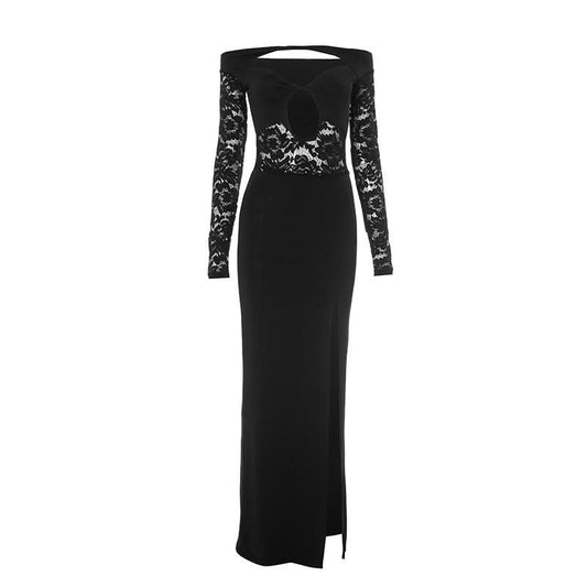 Long sleeve hollow out slit off shoulder lace cut out maxi dress