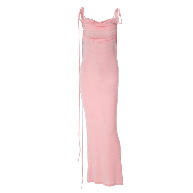 Cowl Neck Lace Up Back Tie Strap Backless Maxi Dress