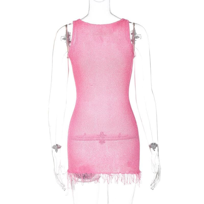 Sleeveless u neck tassels knitted mini dress