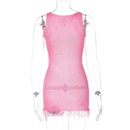Sleeveless u neck tassels knitted mini dress