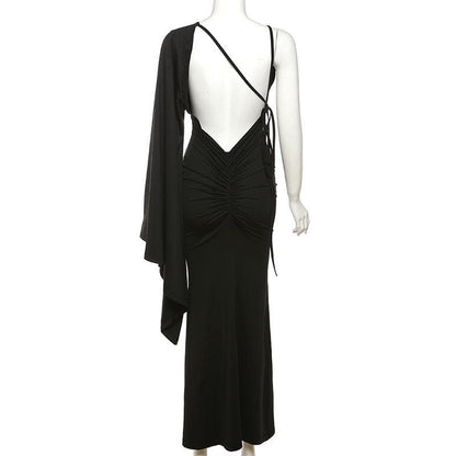 Irregular backless one shoulder flared sleeve solid maxi dress