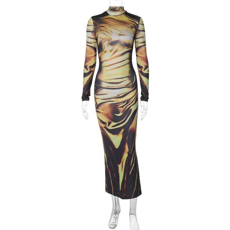 Mock Neck Long Sleeve Abstract Trompe L Oeil Drape Print Bodycon Maxi Dress