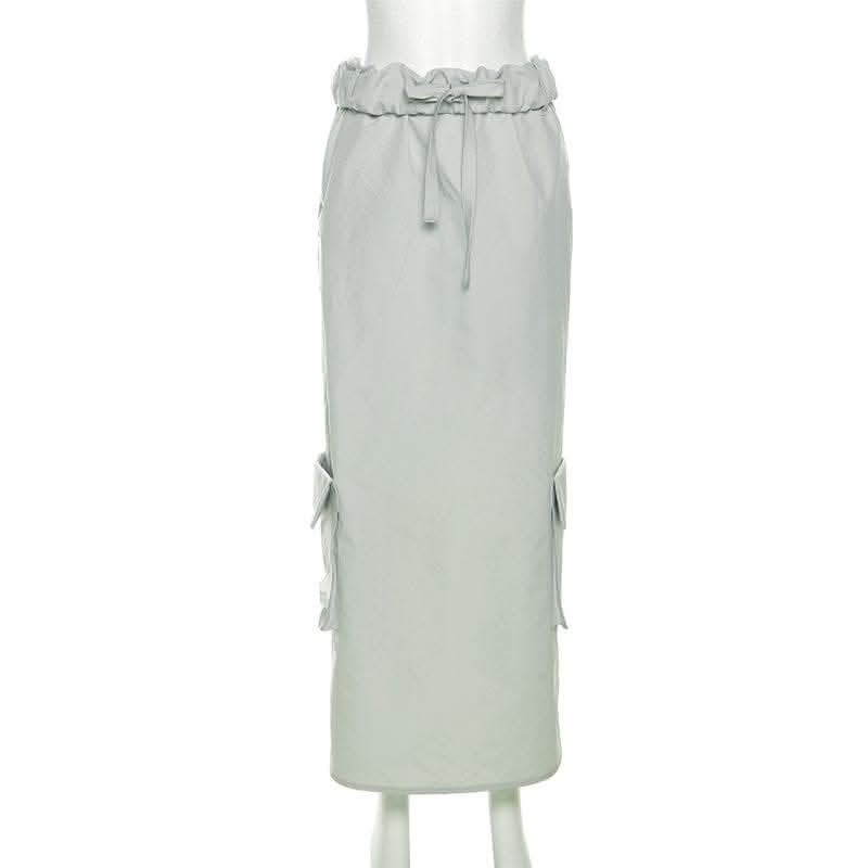 Ruched pocket cargo solid low rise maxi skirt-final-sale