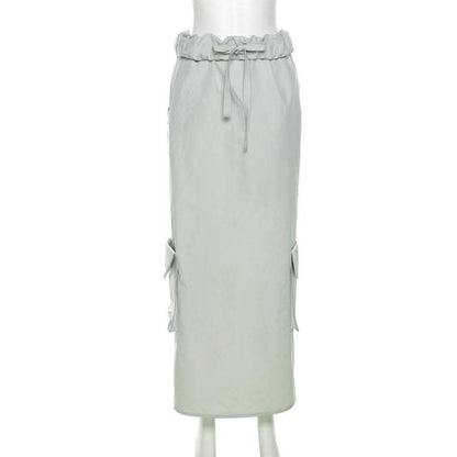 Ruched pocket cargo solid low rise maxi skirt-final-sale