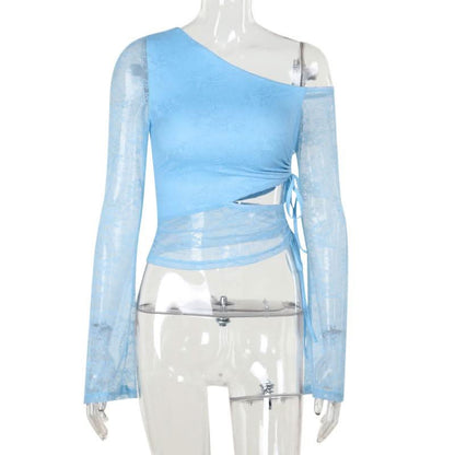One shoulder drawstring self tie lace top