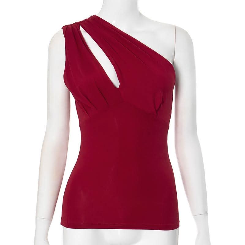 Irregular one shoulder hollow out ruched solid cut out top