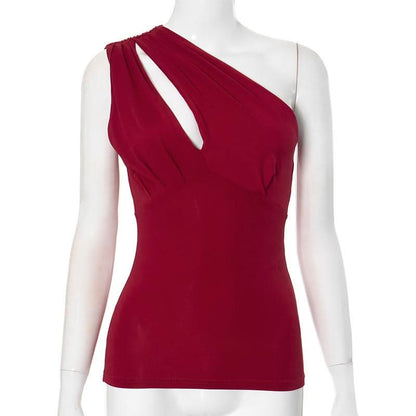 Irregular one shoulder hollow out ruched solid cut out top