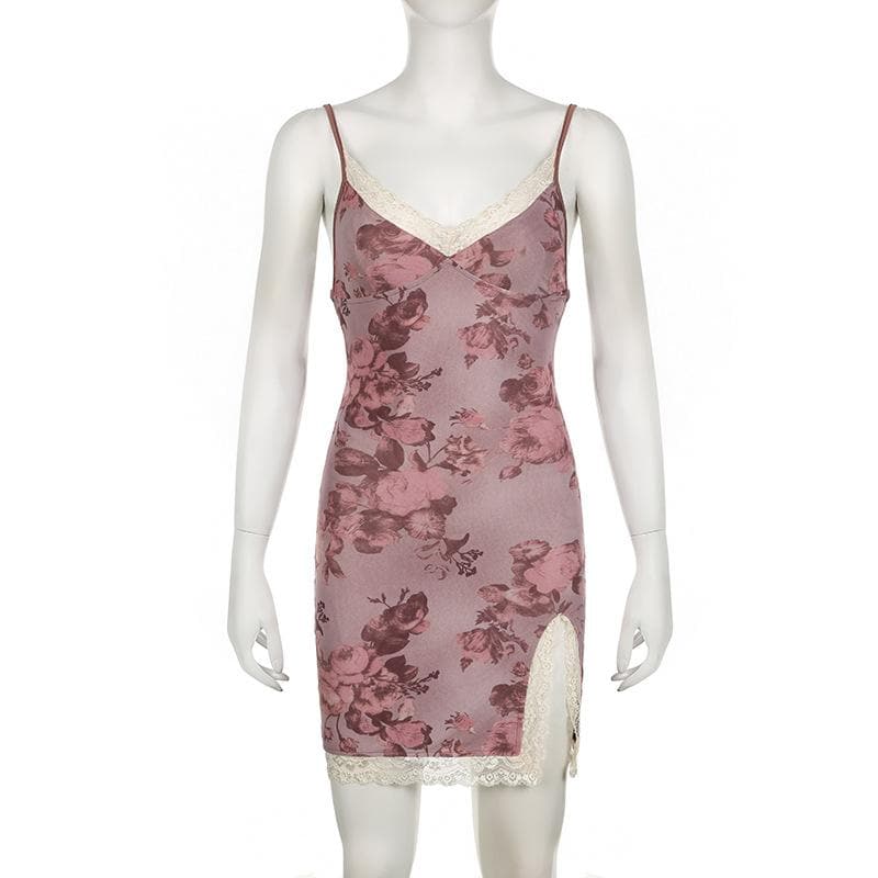 Lace hem slit v neck rose print cami mini dress