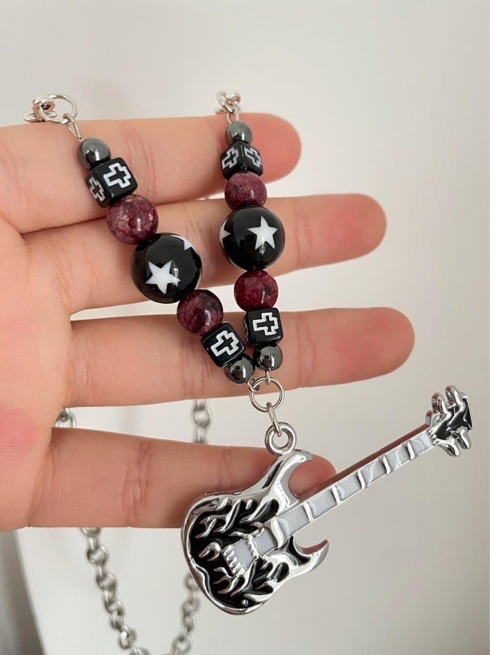 Guitar pendant metal chain beaded necklace