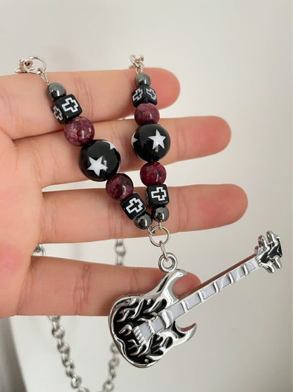 Guitar pendant metal chain beaded necklace