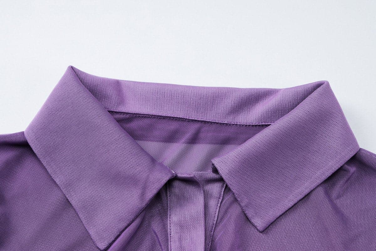 Turnover collar long sleeve ruched button mesh top