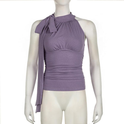 Sleeveless high neck knotted ruched top