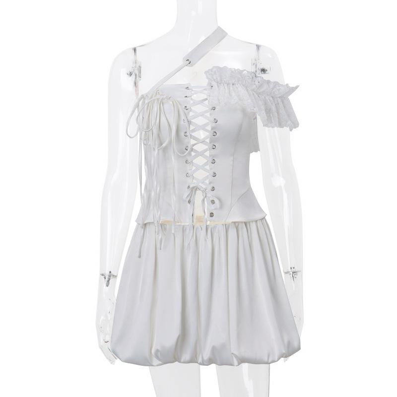 One off shoulder irregular lace up satin ruffle puff skirt set