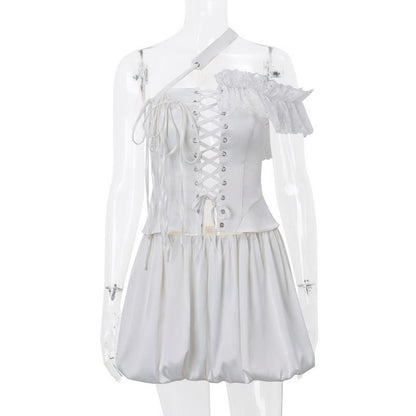 One off shoulder irregular lace up satin ruffle puff skirt set