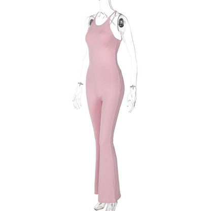 U neck cross back solid backless cami jumpsuit