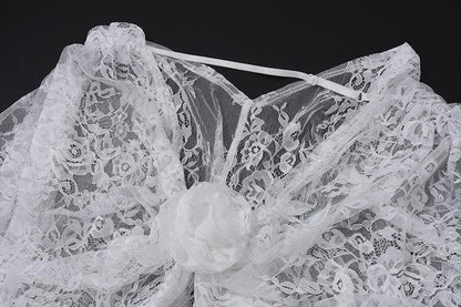 Long puff sleeve lace see through flower applique backless crop top