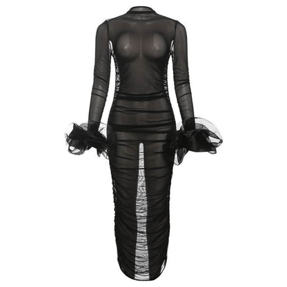 Long sleeve mesh see through ruched maxi dress-final-sale