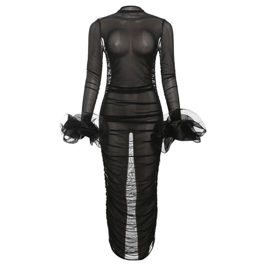 Long sleeve mesh see through ruched maxi dress-final-sale