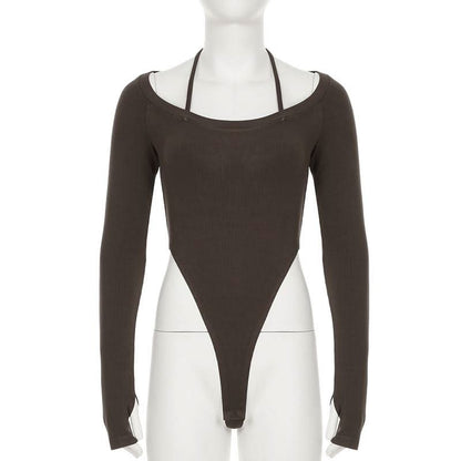 Halter long sleeve knitted self tie bodysuit
