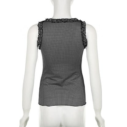 U neck plaid bowknot ruffle contrast ribbon tank top
