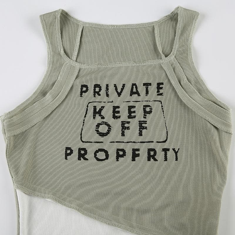 Square neck letter print stitch irregular tank top