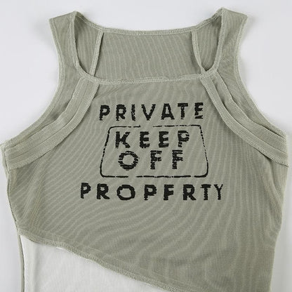 Square neck letter print stitch irregular tank top