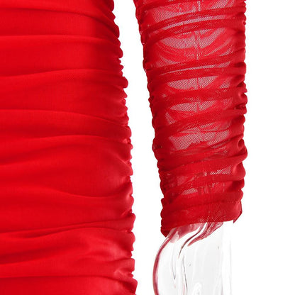 Off shoulder long sleeve slit mesh ruched maxi dress