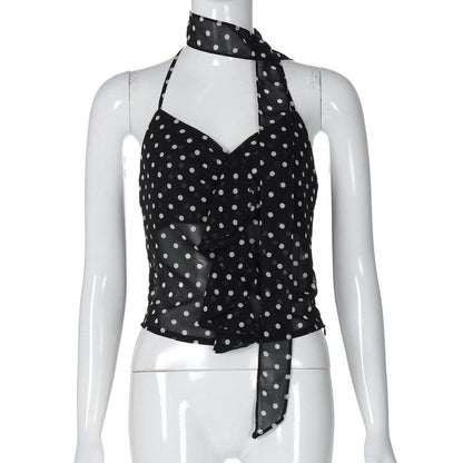 Halter polka dot ruffle knotted top