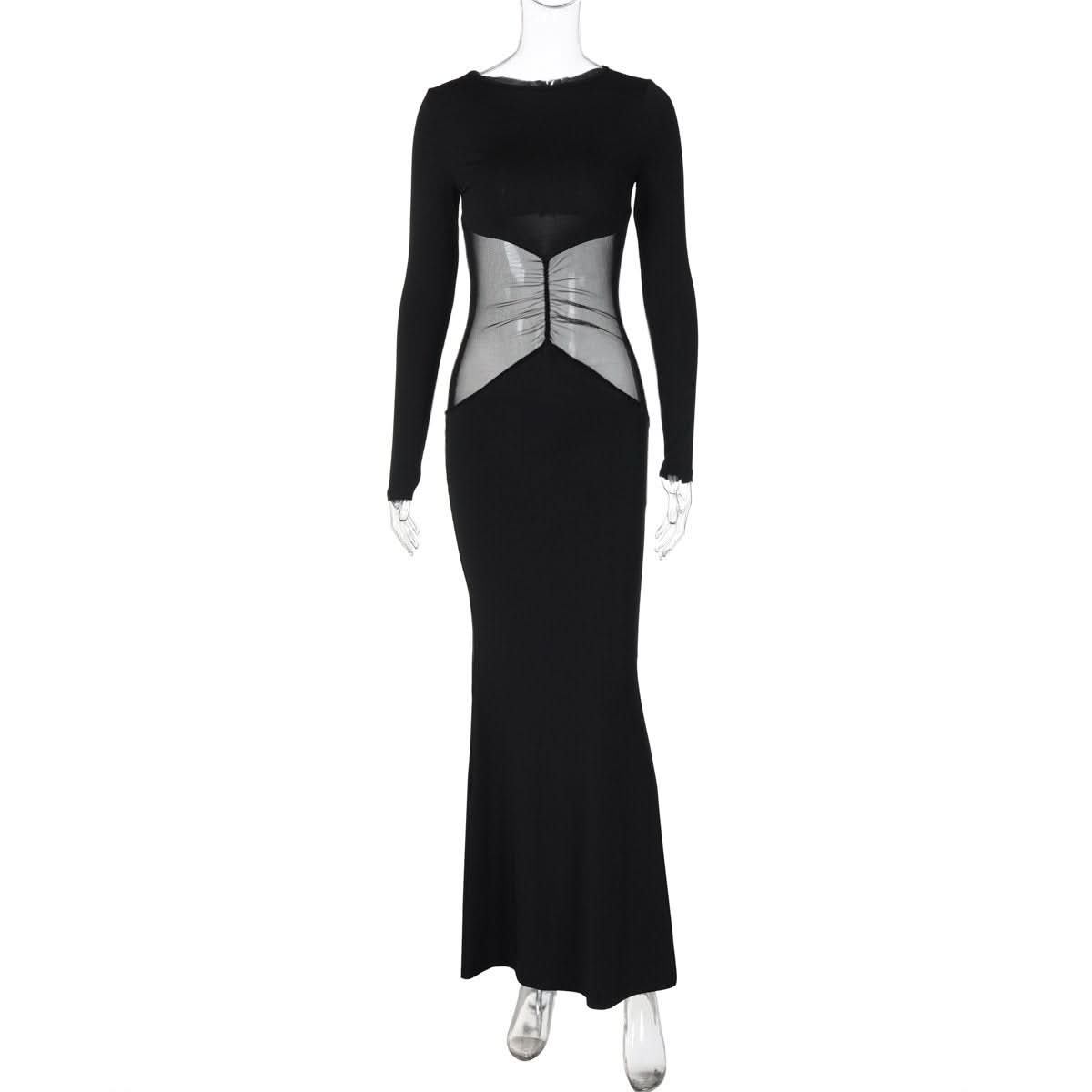 Long sleeve crewneck mesh patchwork maxi dress