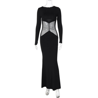 Long sleeve crewneck mesh patchwork maxi dress