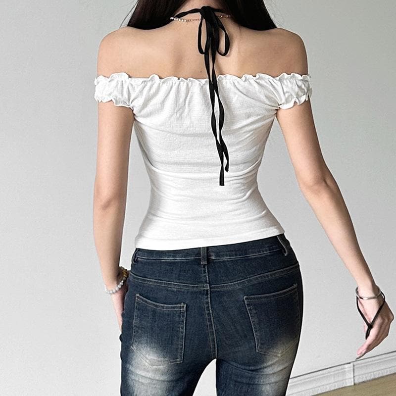 Off shoulder halter bowknot ruffle 2 piece top
